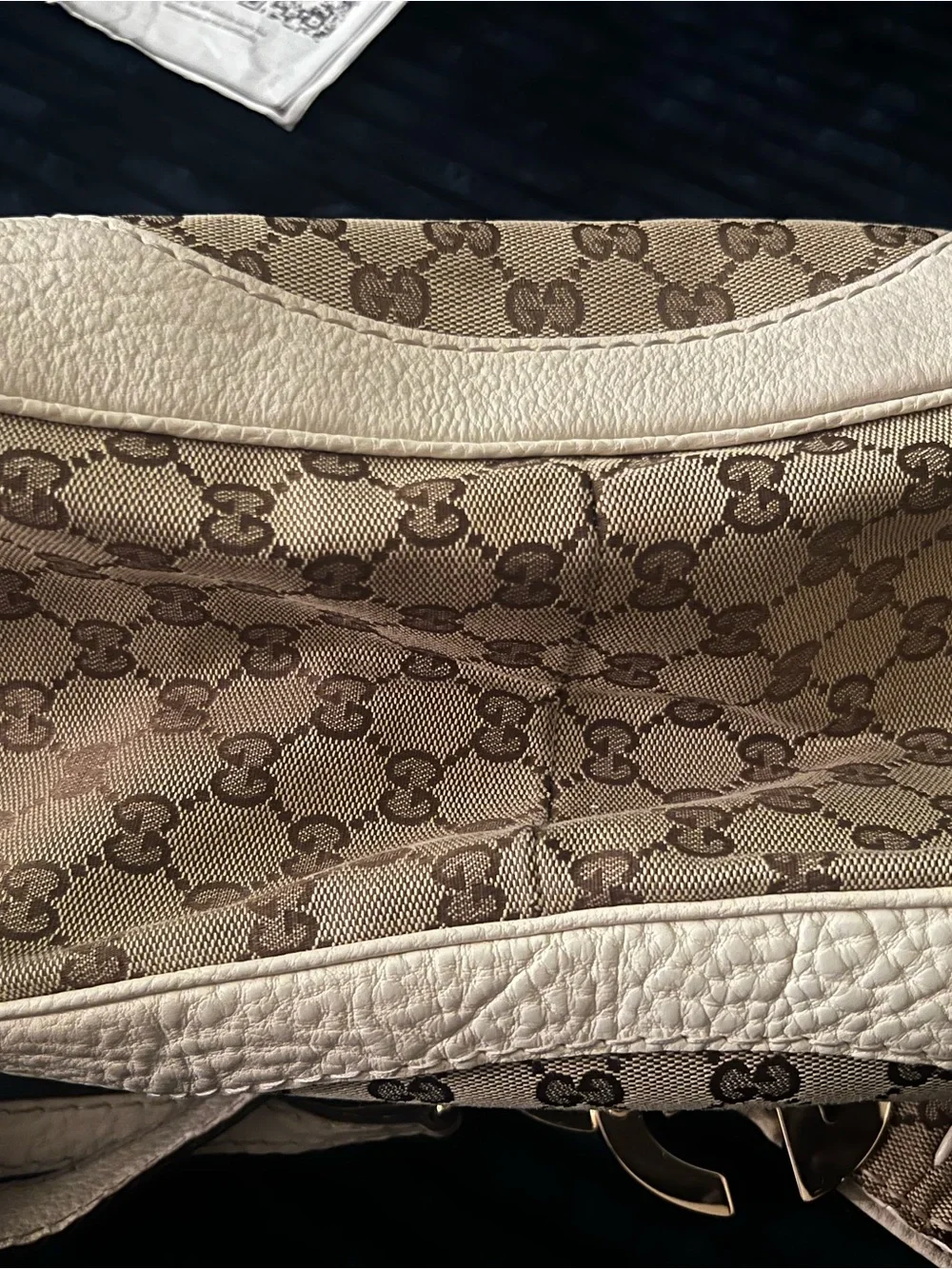 Gucci Beige GG Canvas and White Leather Hobo Bag